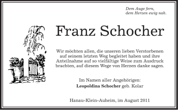 Todesanzeige von Franz Schocher von OFFENBACH-POST/HANAU-POST