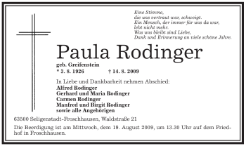 Todesanzeige von Paula Rodinger von OFFENBACH-POST/HANAU-POST