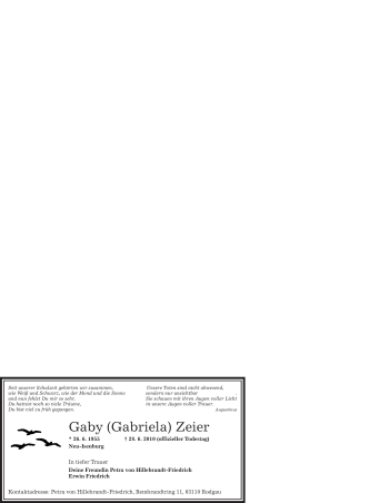 Todesanzeige von Gaby Zeier von OFFENBACH-POST/HANAU-POST