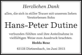 Todesanzeige von Hans-Peter Dutine von Offenbach