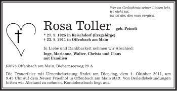 Todesanzeige von Rosa Toller von OFFENBACH-POST/HANAU-POST