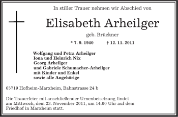 Todesanzeige von Elisabeth Arheiliger von OFFENBACH-POST/HANAU-POST