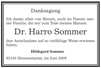 Todesanzeige von Harro Sommer von OFFENBACH-POST/HANAU-POST