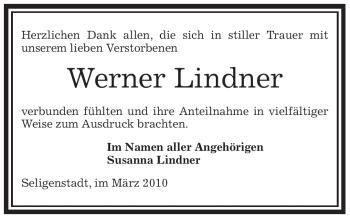 Todesanzeige von Werner Lindner von OFFENBACH-POST/HANAU-POST