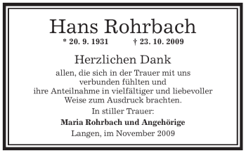 Todesanzeige von Hans Rohrbach von OFFENBACH-POST/HANAU-POST