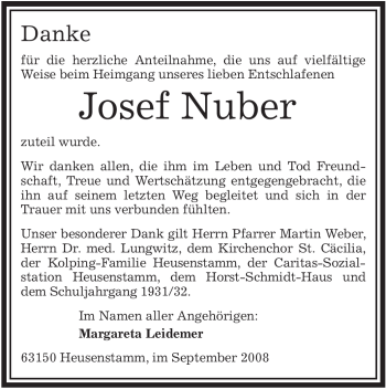 Todesanzeige von Josef Nuber von OFFENBACH-POST/HANAU-POST