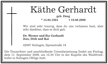 Todesanzeige von Käthe Gerhardt von OFFENBACH-POST/HANAU-POST
