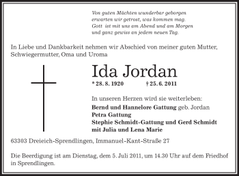 Todesanzeige von Ida Jordan von OFFENBACH-POST/HANAU-POST