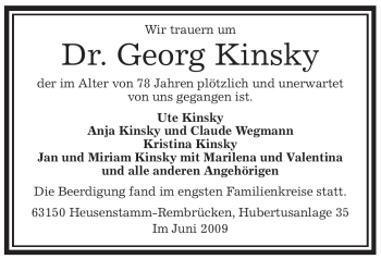 Todesanzeige von Georg Kinsky von OFFENBACH-POST/HANAU-POST
