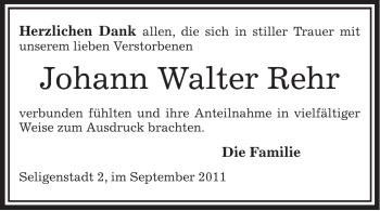 Todesanzeige von Johann Walter Rehr von OFFENBACH-POST/HANAU-POST