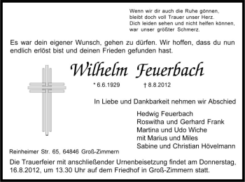 Todesanzeige von Wilhelm Feuerbach von OFFENBACH-POST/HANAU-POST