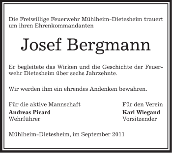 Todesanzeige von Josef Bergmann von OFFENBACH-POST/HANAU-POST