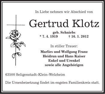 Todesanzeige von Gertrud Klotz von OFFENBACH-POST/HANAU-POST