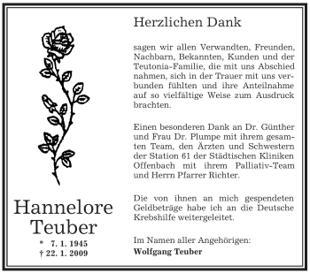 Todesanzeige von Hannelore Teuber von OFFENBACH-POST/HANAU-POST