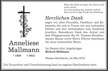 Todesanzeige von Anneliese Mallmann von OFFENBACH-POST/HANAU-POST