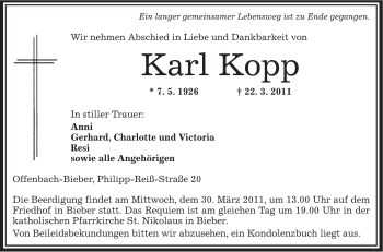 Todesanzeige von Karl Kopp von OFFENBACH-POST/HANAU-POST