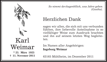 Todesanzeige von Karl Weimar von OFFENBACH-POST/HANAU-POST