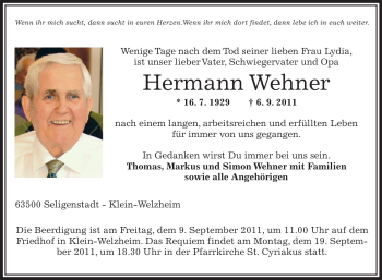 Todesanzeige von Hermann Wehner von OFFENBACH-POST/HANAU-POST