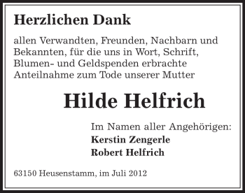 Todesanzeige von Hilde Helfrich von OFFENBACH-POST/HANAU-POST