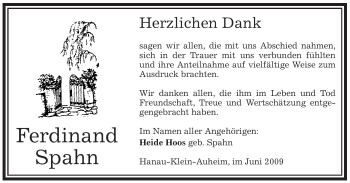 Todesanzeige von Ferdinand Spahn von OFFENBACH-POST/HANAU-POST