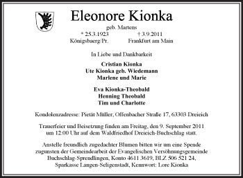 Todesanzeige von Eleonore Kionka von OFFENBACH-POST/HANAU-POST
