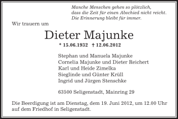Todesanzeige von Dieter Majunke von OFFENBACH-POST/HANAU-POST