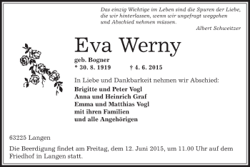 Todesanzeige von Eva Werny von Offenbach
