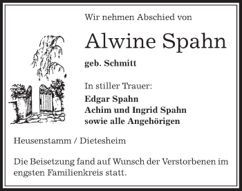 Todesanzeige von Alwine Spahn von Offenbach
