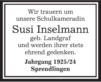 Todesanzeige von Susi Inselmann von OFFENBACH-POST/HANAU-POST