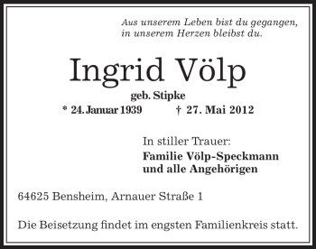 Todesanzeige von Ingrid Völp von OFFENBACH-POST/HANAU-POST