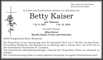 Todesanzeige von Betty Kaiser von OFFENBACH-POST/HANAU-POST