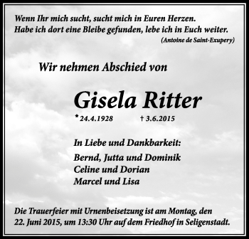 Todesanzeige von Gisela Ritter von Offenbach