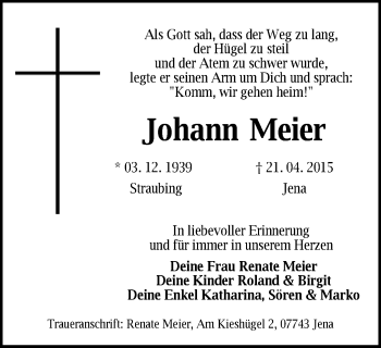 Todesanzeige von Johann Meier von Offenbach