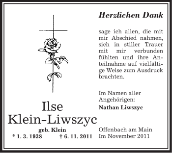 Todesanzeige von Ilse Klein-Liwszyc von OFFENBACH-POST/HANAU-POST