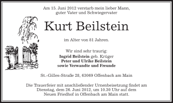 Todesanzeige von Kurt Beilstein von OFFENBACH-POST/HANAU-POST