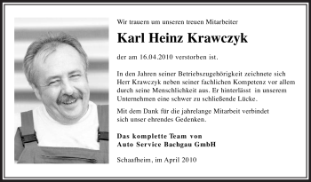 Todesanzeige von Karl Heinz Krawczyk von OFFENBACH-POST/HANAU-POST