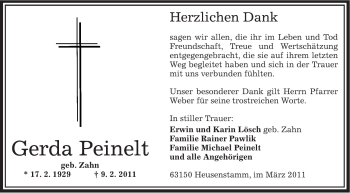 Todesanzeige von Gerda Peinelt von OFFENBACH-POST/HANAU-POST