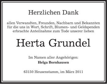 Todesanzeige von Herta Grundel von OFFENBACH-POST/HANAU-POST