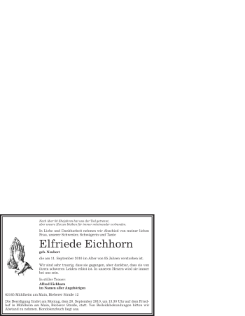 Todesanzeige von Elfriede Eichhorn von OFFENBACH-POST/HANAU-POST