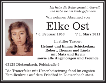 Todesanzeige von Elke Ost von OFFENBACH-POST/HANAU-POST