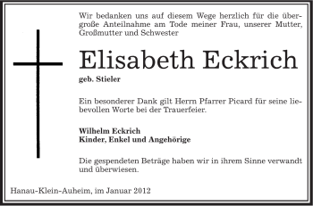 Todesanzeige von Elisabeth Eckrich von OFFENBACH-POST/HANAU-POST