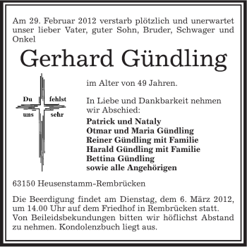 Todesanzeige von Gerhard Gündling von OFFENBACH-POST/HANAU-POST