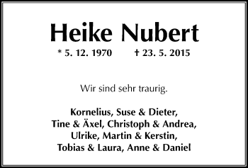 Todesanzeige von Heike Nubert von Offenbach