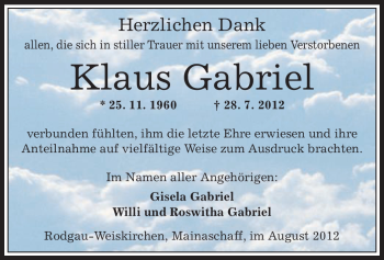 Todesanzeige von Klaus Gabriel von OFFENBACH-POST/HANAU-POST