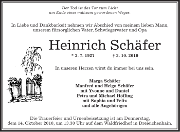 Todesanzeige von Heinrich Schäfer von OFFENBACH-POST/HANAU-POST