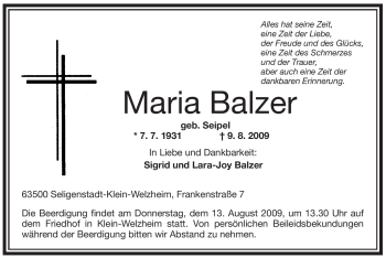 Todesanzeige von Maria Balzer von OFFENBACH-POST/HANAU-POST