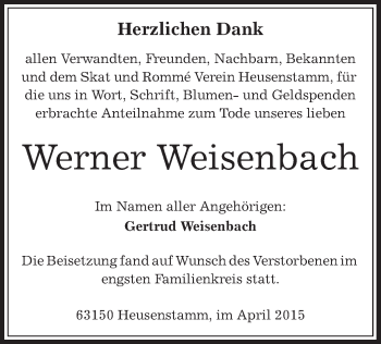 Todesanzeige von Werner Weisenbach von Offenbach