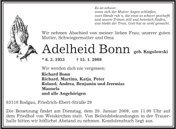 Todesanzeige von Adelheid Bonn von OFFENBACH-POST/HANAU-POST