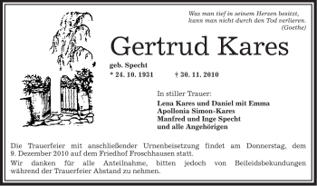 Todesanzeige von Gertrud Kares von OFFENBACH-POST/HANAU-POST