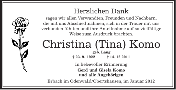 Todesanzeige von Chrstina Komo von OFFENBACH-POST/HANAU-POST